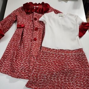 Girls Elegant Red Tweed Coat & Matching Dress Holiday Outfit Set Size 6x